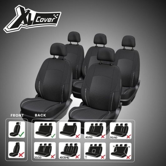 Kit Fundas Asiento Xlc/xl Cover Universal 5 Piezas Negro Con Acolchado Gris, Airbag E Isofix Compatible Para Monovolúmenes