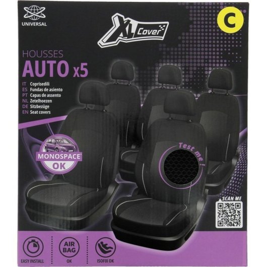 Kit Fundas Asiento Xlc/xl Cover Universal 5 Piezas Negro Con Acolchado Gris, Airbag E Isofix Compatible Para Monovolúmenes