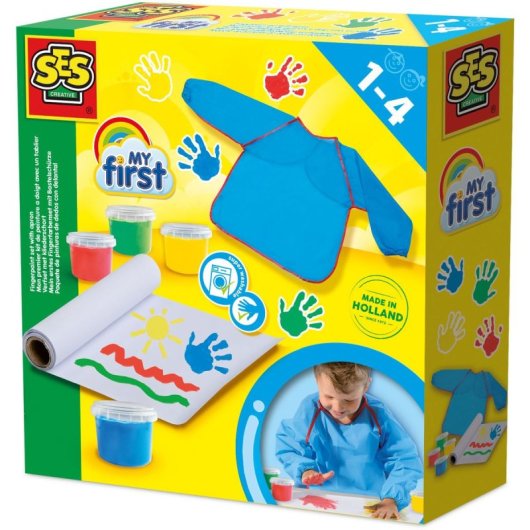 Ses Creative My First Kit De Pintura De Dedos Con Delantal, 4 Colores Lavables Y Hoja De Papel Enrollable, Desde 24 Meses, Unisex