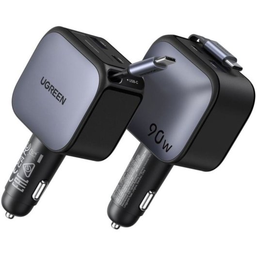 Ugreen Cargador De Coche 90w Con Cable Usb-c Retráctil 70 Cm, 3 Puertos (usb-c + Usb-c + Usb-a) Pd 3.0, Qc 3.0, Pps, Afc Y Fcp Para Carga Rápida Simultánea