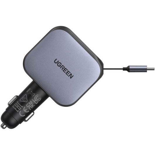 Ugreen Cargador De Coche 90w Con Cable Usb-c Retráctil 70 Cm, 3 Puertos (usb-c + Usb-c + Usb-a) Pd 3.0, Qc 3.0, Pps, Afc Y Fcp Para Carga Rápida Simultánea