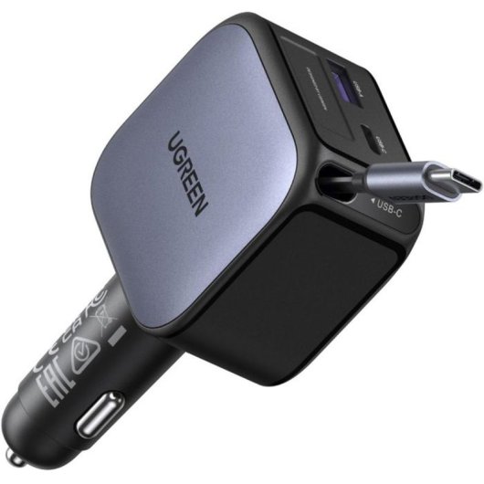 Ugreen Cargador De Coche 90w Con Cable Usb-c Retráctil 70 Cm, 3 Puertos (usb-c + Usb-c + Usb-a) Pd 3.0, Qc 3.0, Pps, Afc Y Fcp Para Carga Rápida Simultánea