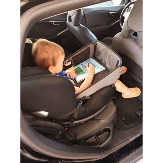 Tineo Bandeja De Actividades Para Coche (tamaño Pequeño), Gris, Plegable, Base Acolchada Y Laterales Elevados, Soporte Para Tablet/libro Y Bolsillos Laterales, Sujeción Con Correas Ajustables
