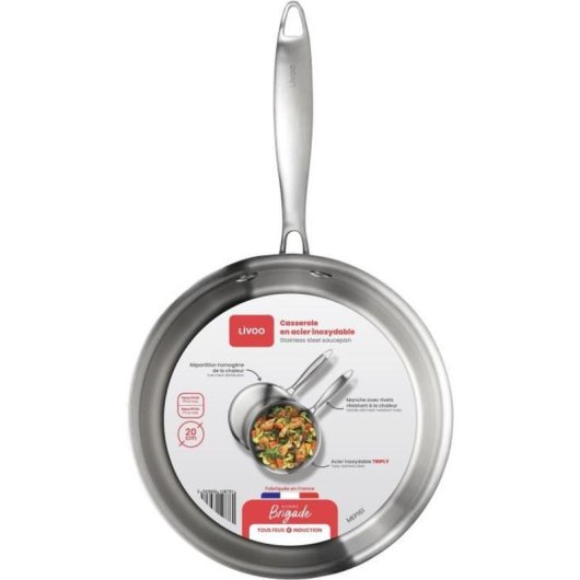 Livoo Mep161 Cazoleta 20 Cm De Acero Inoxidable Triply, 3 Capas 18/10 + Aluminio + 403, Asas Remachadas Resistentes Al Calor, Marcas Interiores Y Compatible Con Inducción