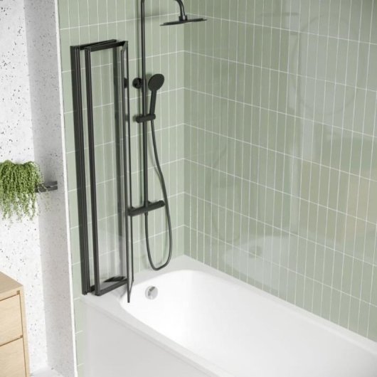 Gelco Lexia Mampara De Baño Plegable De 4 Paneles Negro 110 X 140 Cm, Cristal Transparente En Marcos, Reversible, Instalación Colgable, Perfiles Y Tornillería