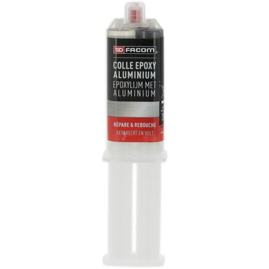 Facom Resina Epoxi Bicomponente Con Partículas De Aluminio En Jeringa 28 G, Para Reparar Y Rellenar Metal Y Otras Superficies, Con Punta Mezcladora Y Tapón Reutilizable