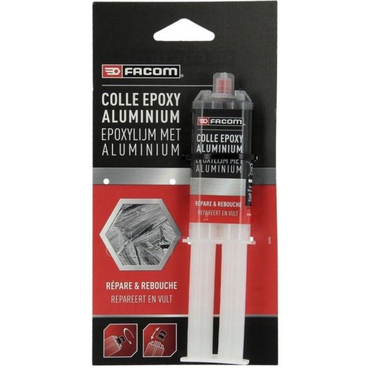 Facom Resina Epoxi Bicomponente Con Partículas De Aluminio En Jeringa 28 G, Para Reparar Y Rellenar Metal Y Otras Superficies, Con Punta Mezcladora Y Tapón Reutilizable