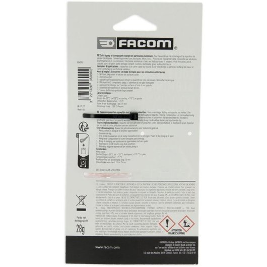 Facom Resina Epoxi Bicomponente Con Partículas De Aluminio En Jeringa 28 G, Para Reparar Y Rellenar Metal Y Otras Superficies, Con Punta Mezcladora Y Tapón Reutilizable