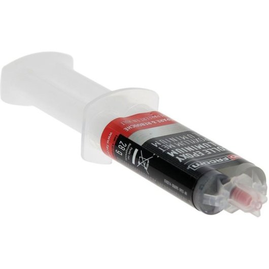Facom Resina Epoxi Bicomponente Con Partículas De Aluminio En Jeringa 28 G, Para Reparar Y Rellenar Metal Y Otras Superficies, Con Punta Mezcladora Y Tapón Reutilizable