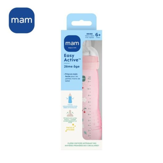 Mam Easy Active Biberón 330 Ml Berry, Etapa 2, Tetina Skinsoft Silicona Caudal Rápido 3, Cuello Ancho Y Tapa Anti-desgote Transparente