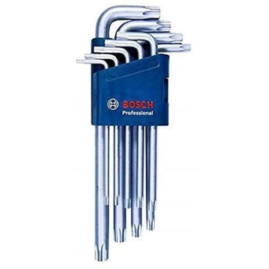 Bosch Professional Set 9 Llaves Allen Tipo Torx En Forma De L (10–50) S2, Acabado Cromado/pulido, Empuñadura Cómoda, Soporte Azul