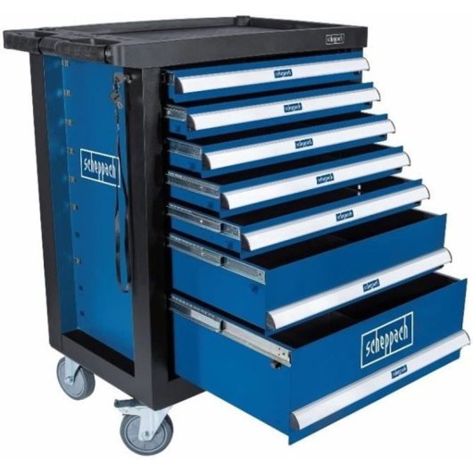 Scheppach Tw1100 Carro De Herramientas Para Taller Azul De Acero Con 7 Cajones Bloqueables, 4 Ruedas (2 Con Freno), Inserciones De Espuma Y Set 70 Piezas