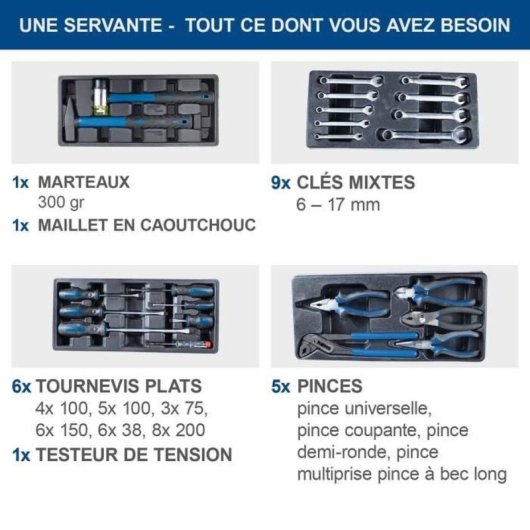 Scheppach Tw1100 Carro De Herramientas Para Taller Azul De Acero Con 7 Cajones Bloqueables, 4 Ruedas (2 Con Freno), Inserciones De Espuma Y Set 70 Piezas