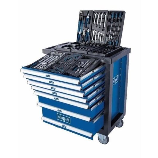 Scheppach Tw1100 Carro De Herramientas Para Taller Azul De Acero Con 7 Cajones Bloqueables, 4 Ruedas (2 Con Freno), Inserciones De Espuma Y Set 70 Piezas
