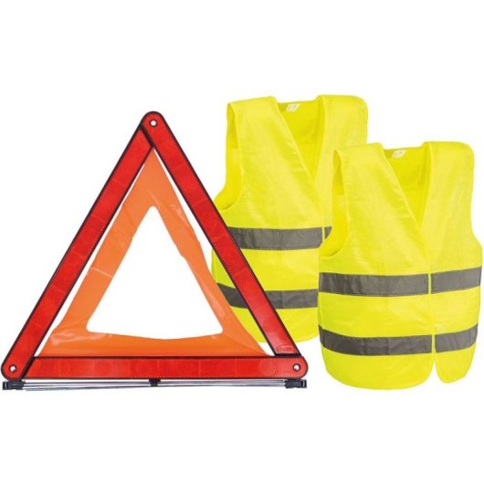 Kit De Seguridad Para Vehículo Carlinea: Triángulo De Emergencia Homologado E20 Y 2 Chalecos Reflectantes En20471 (xl) Con Bandas Blancas