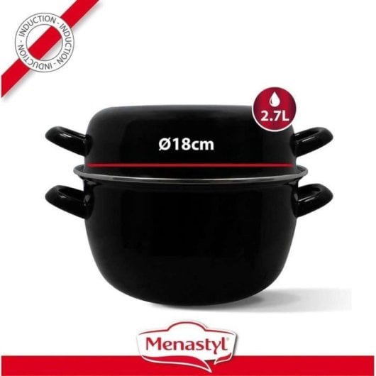 Thekitchenette Olla Para Mejillones De Esmaltado Negro 2,7 L Con Tapa Reversible, Compatible Con Placas De Inducción, Apta Para Lavavajillas