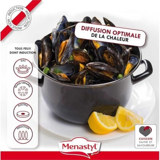Thekitchenette Olla Para Mejillones De Esmaltado Negro 2,7 L Con Tapa Reversible, Compatible Con Placas De Inducción, Apta Para Lavavajillas