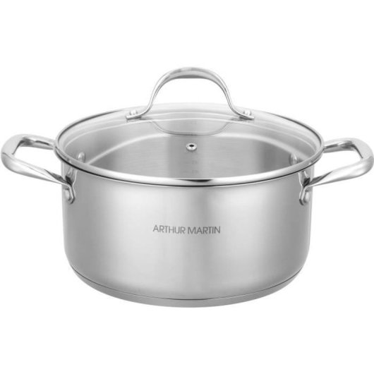Arthur Martin Am3549 Marmite De Acero Inoxidable 24 Cm Con Tapa De Cristal, 5 L, Base Multicapa Apta Para Inducción, Asas Remachadas, Lavavajillas