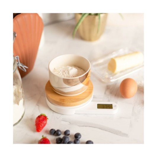 Livoo Dom466 Báscula De Cocina Eco Con Plataforma De Bambú, Sistema Dinamós Sin Pilas, 5 Kg Y Precisión 1 G, Pantalla Lcd Abatible, Tara Y 4 Unidades