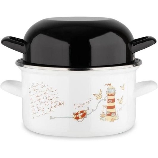 Baumalu Cazuela Para Mejillones 20 Cm De Acero Esmaltado, Motivo Faro Decorativo Y Tapa Negra, 2,5 L, Apta Para Inducción, Apta Lavavajillas