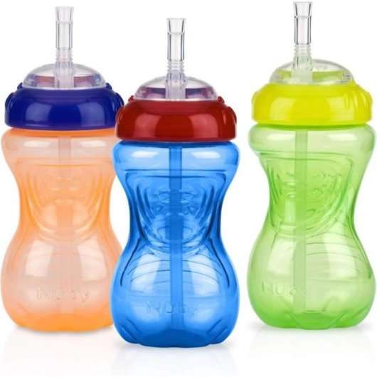 Nuby Easy Grip Vaso Antigoteo Con Pajita De Silicona Soft Flex 300 Ml, Pack 3 Con Válvula Touch-flo, Tapa Domo Roscada