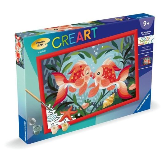 Ravensburger Kit Pintura Por Números “bisous De Poissons” Para Niños, 31x21 Cm, Acrílicos Al Agua, Pincel Y Marco, Recomendado A Partir De 7 Años