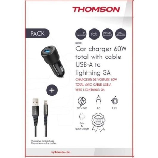 Thomson Cargador De Coche 60 W Con Usb-a A L 1,5 M (3 A) - Carga Rápida