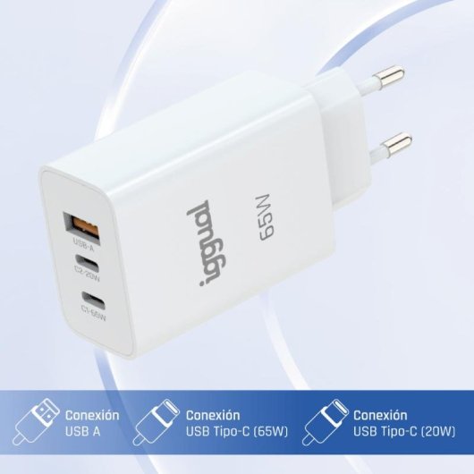 Cargador IGGUAL Triple USB-A + 2x USB-C GaN 65W