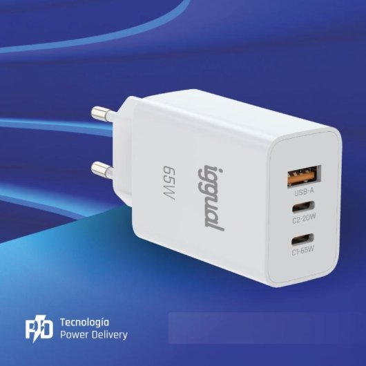 Cargador IGGUAL Triple USB-A + 2x USB-C GaN 65W