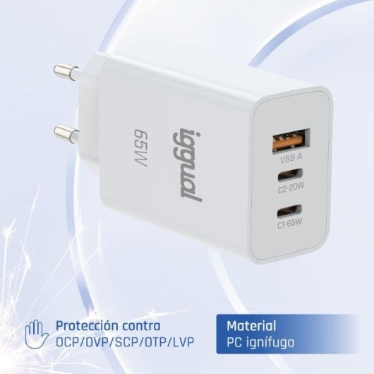 Cargador IGGUAL Triple USB-A + 2x USB-C GaN 65W