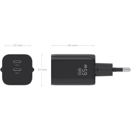 Chargeur GaN AISENS 65W 2xUSB-C PD3.0 QC4.0 Noir