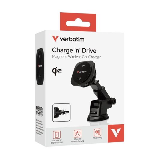 Cargador Inalámbrico Verbatim Charge 'n' Drive Qi2 para Coche USB Negro