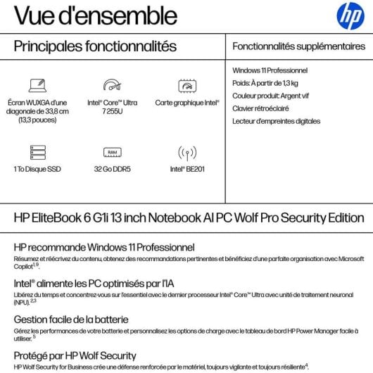 Ordinateur portable HP EliteBook 6 G1i 13.3" Intel Core Ultra 7 255U 32GB 1TB SSD Intel Graphics Windows 11 Pro