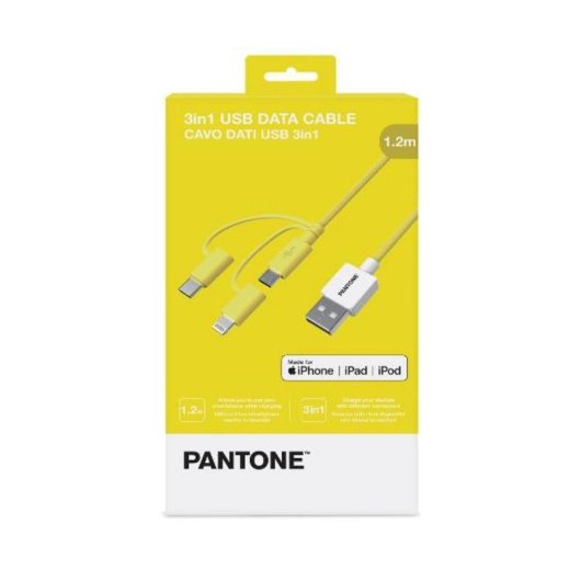 Cable 3 en 1 Pantone Amarillo 1,2 m USB A a USB C/Micro USB/Lightning