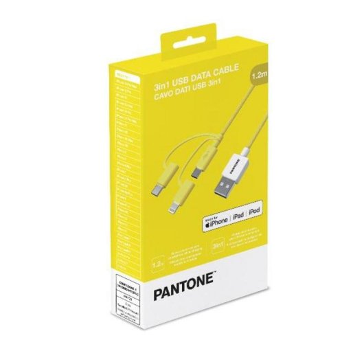 Cable 3 en 1 Pantone Amarillo 1,2 m USB A a USB C/Micro USB/Lightning