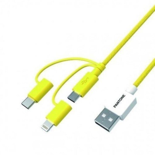 Cable 3 en 1 Pantone Amarillo 1,2 m USB A a USB C/Micro USB/Lightning