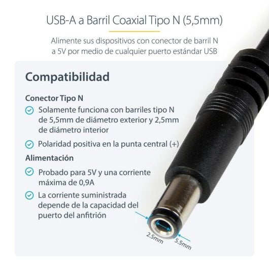 Cable Adaptador USB A Macho a Conector Coaxial Barrel 5,5mm 5V DC 1m StarTech.com