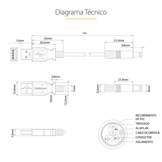 Cable Adaptador USB A Macho a Conector Coaxial Barrel 5,5mm 5V DC 1m StarTech.com