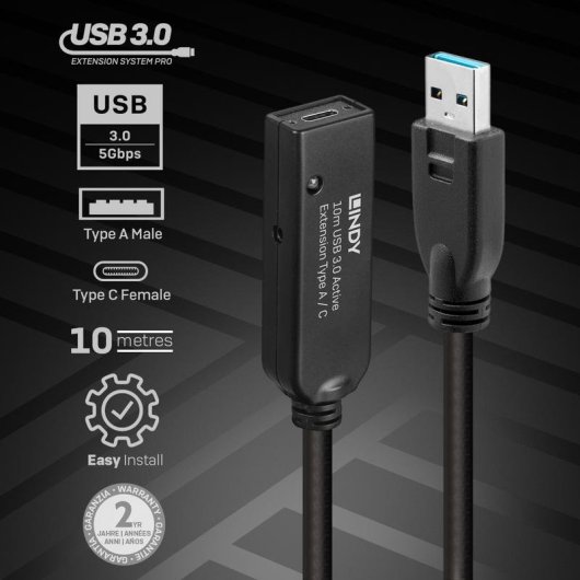 Cable USB Lindy 43376 10 m USB A a USB C 3.2 Gen 1 5 Gbit/s Negro