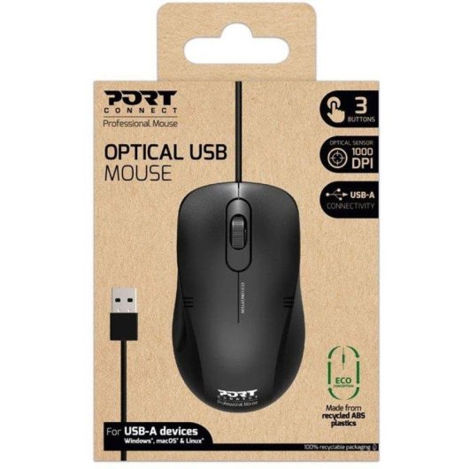 Ratón Port Designs 900400-PRO USB-A 1000 DPI Ambidiestro Negro Ergonomía