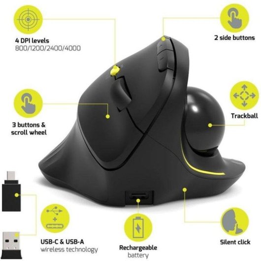 Ratón Port Designs 900719 Trackball Bluetooth 1600 DPI Negro Recargable