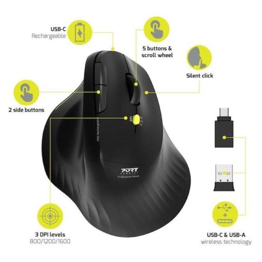 Mouse Port Designs Ergo Soft 910200 Bluetooth 2.4GHz 1600 DPI Nero Ergonomico