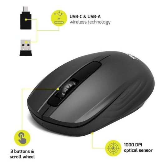Ratón Port Designs 900508 Inalámbrico Ambidiestro 2.4 GHz 1000 DPI Negro