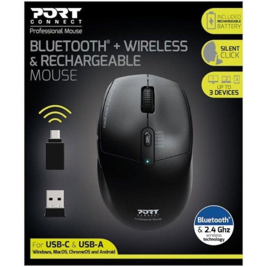 Ratón Port Designs 900715 Inalámbrico Bluetooth 2400 DPI Negro Recargable