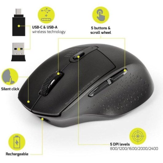 Ratón Port Designs 900715 Inalámbrico Bluetooth 2400 DPI Negro Recargable