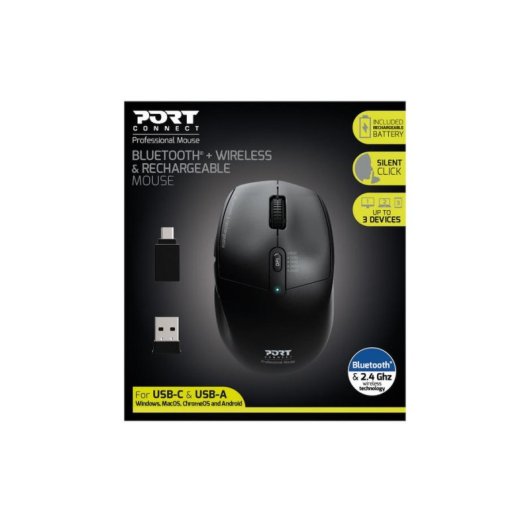 Ratón Port Designs 900715 Inalámbrico Bluetooth 2400 DPI Negro Recargable