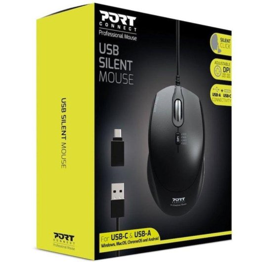 Ratón Port Designs 900711-B USB-A y USB-C 3600 DPI Negro Silencioso