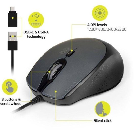 Ratón Port Designs 900711-B USB-A y USB-C 3600 DPI Negro Silencioso