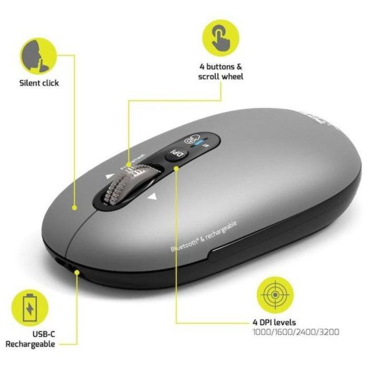 Port Designs Pure 910009 Mouse Bluetooth 3200 DPI Grigio Ricaricabile