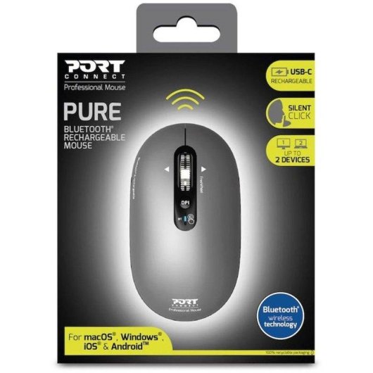 Port Designs Pure 910009 Mouse Bluetooth 3200 DPI Grigio Ricaricabile